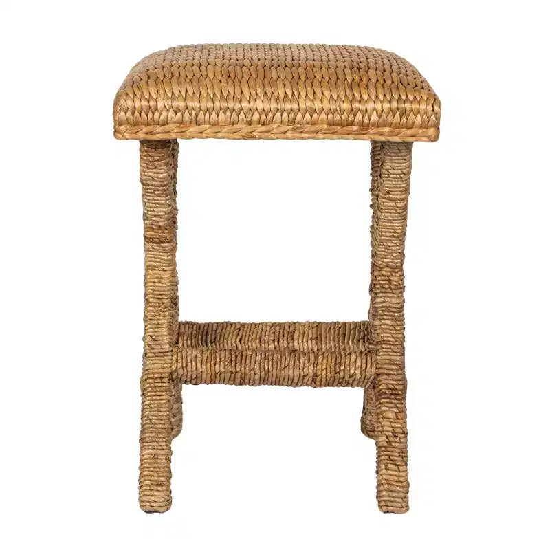 Tabouret de bar en jacinthe d'eau tressée, cadre en bois d'acajou, sans dossier, hauteur fixe – 43,2 cm (L) x 40,6 cm (l) x 63,5 cm (H)