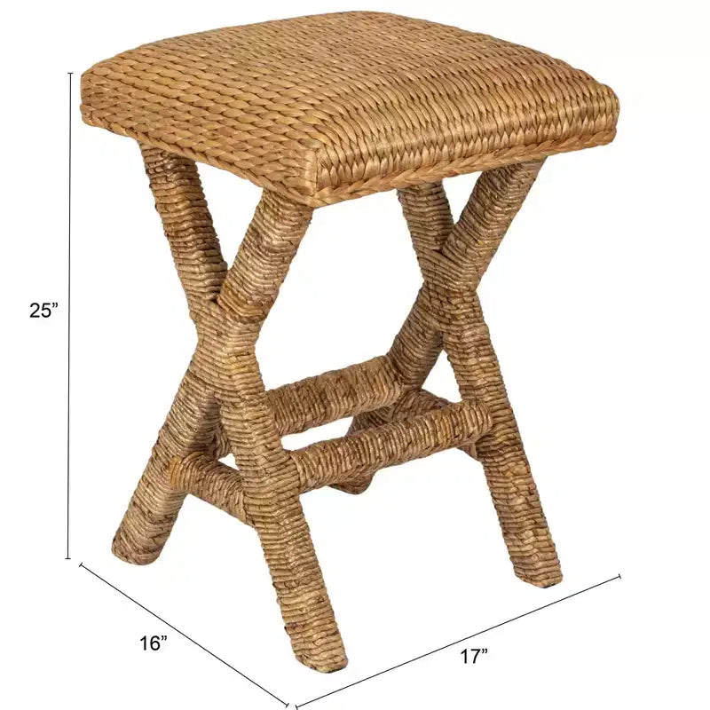 Tabouret de bar en jacinthe d'eau tressée, cadre en bois d'acajou, sans dossier, hauteur fixe – 43,2 cm (L) x 40,6 cm (l) x 63,5 cm (H)