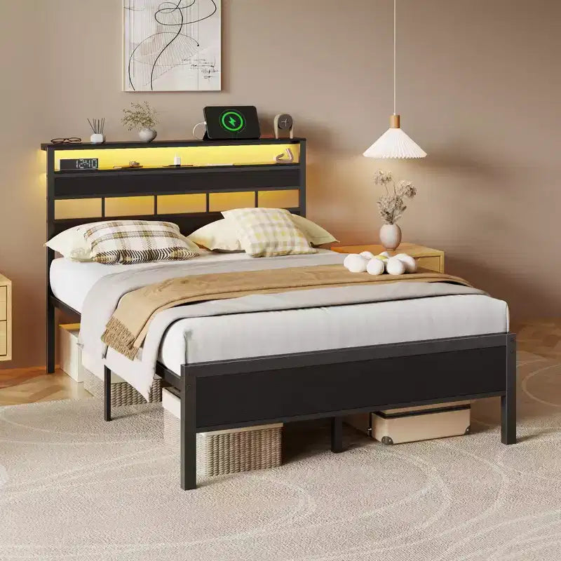 Cadre de lit plateforme en métal pleine grandeur avec lumières LED et station de charge – 81"L x 54.7"l x 43"H