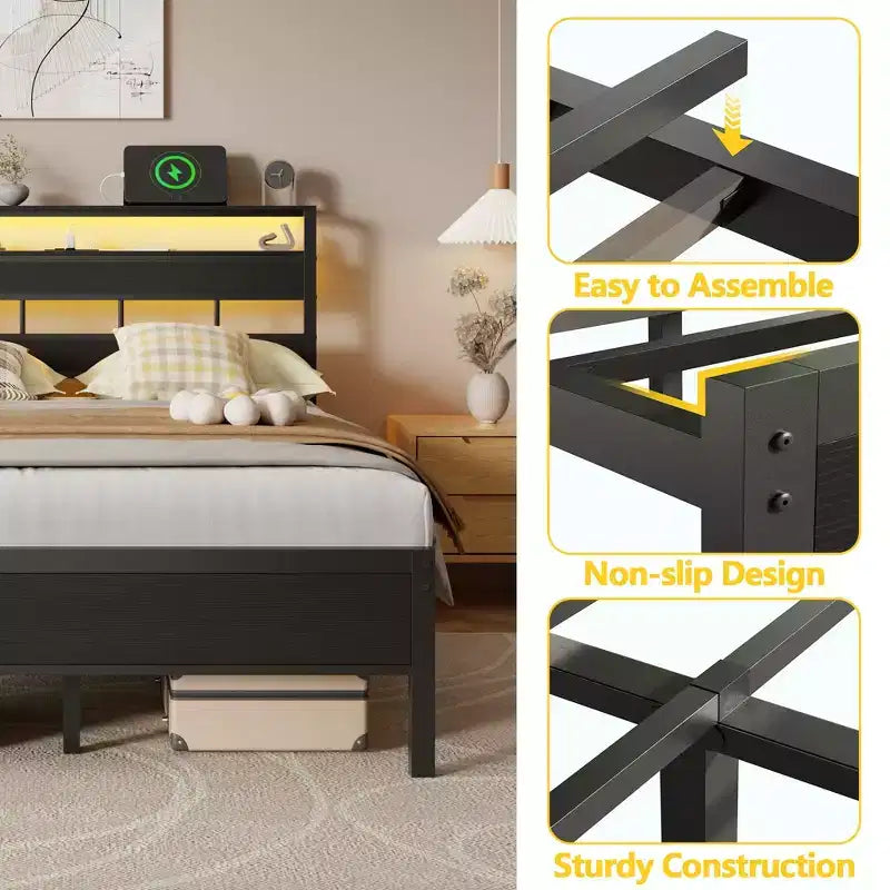 Cadre de lit plateforme en métal pleine grandeur avec lumières LED et station de charge – 81"L x 54.7"l x 43"H