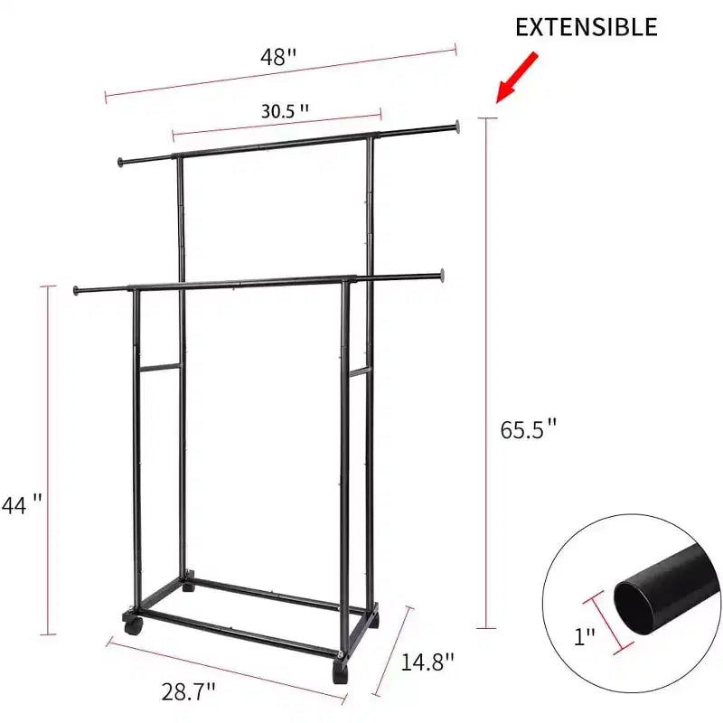 Portant double à roulettes, largeur réglable, roues verrouillables et étagère inférieure