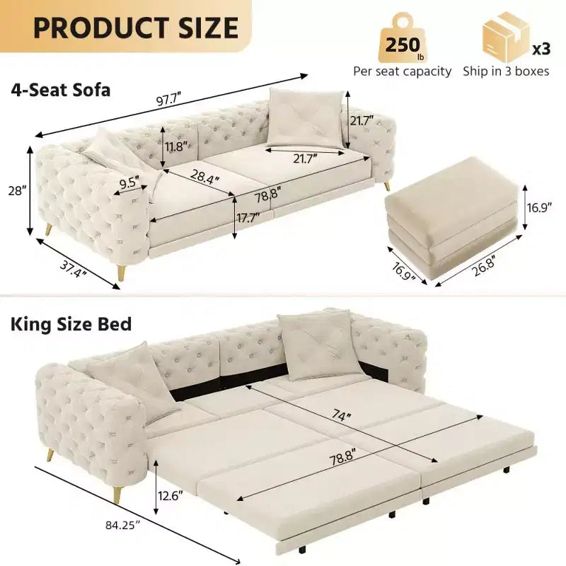 Canapé-lit convertible 3-en-1 King Size avec pouf mobile – 97,7"l x 37,4"P x 28"H, Revêtement en velours