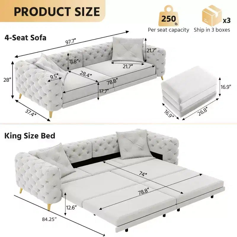 Canapé-lit convertible 3-en-1 King Size avec pouf mobile – 97,7"l x 37,4"P x 28"H, Revêtement en velours