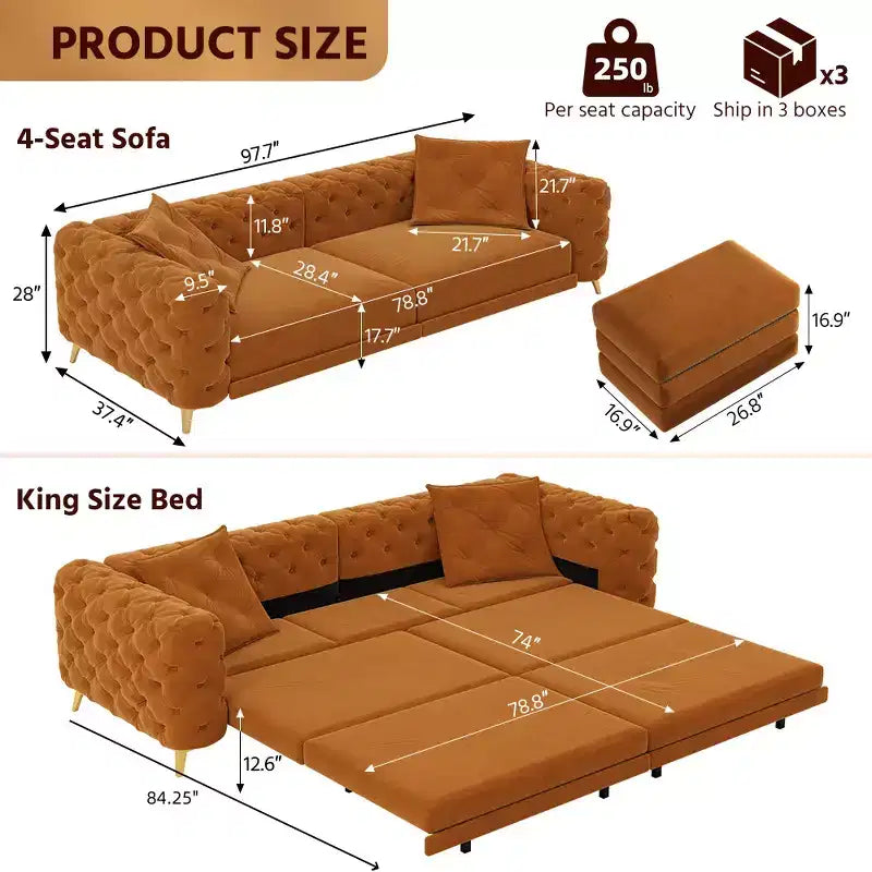 Canapé-lit convertible 3-en-1 King Size avec pouf mobile – 97,7"l x 37,4"P x 28"H, Revêtement en velours