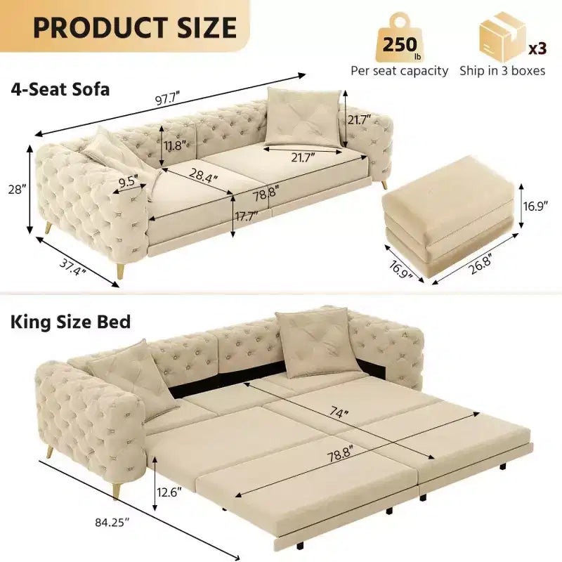 Canapé-lit convertible 3-en-1 King Size avec pouf mobile – 97,7"l x 37,4"P x 28"H, Revêtement en velours