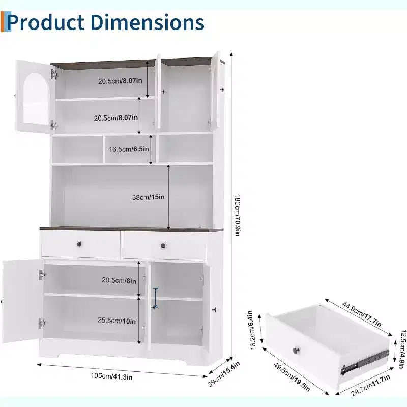 Grand meuble de rangement de cuisine avec portes en verre dépoli, étagères ouvertes et plan de travail, 41,34 L x 15,75 P x 70,87 H