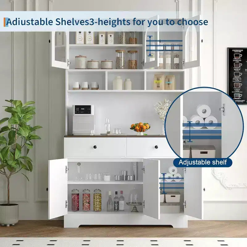 Grand meuble de rangement de cuisine avec portes en verre dépoli, étagères ouvertes et plan de travail, 41,34 L x 15,75 P x 70,87 H