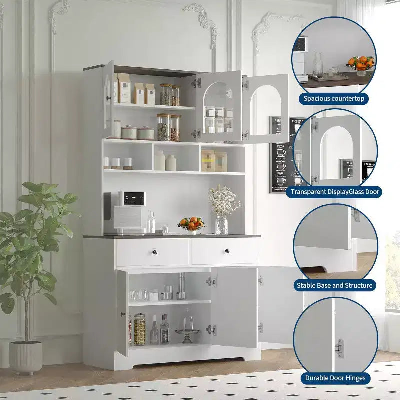 Grand meuble de rangement de cuisine avec portes en verre dépoli, étagères ouvertes et plan de travail, 41,34 L x 15,75 P x 70,87 H