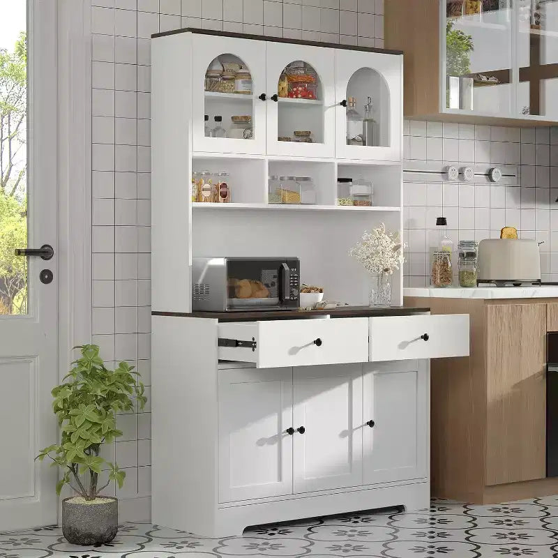 Grand meuble de rangement de cuisine avec portes en verre dépoli, étagères ouvertes et plan de travail, 41,34 L x 15,75 P x 70,87 H