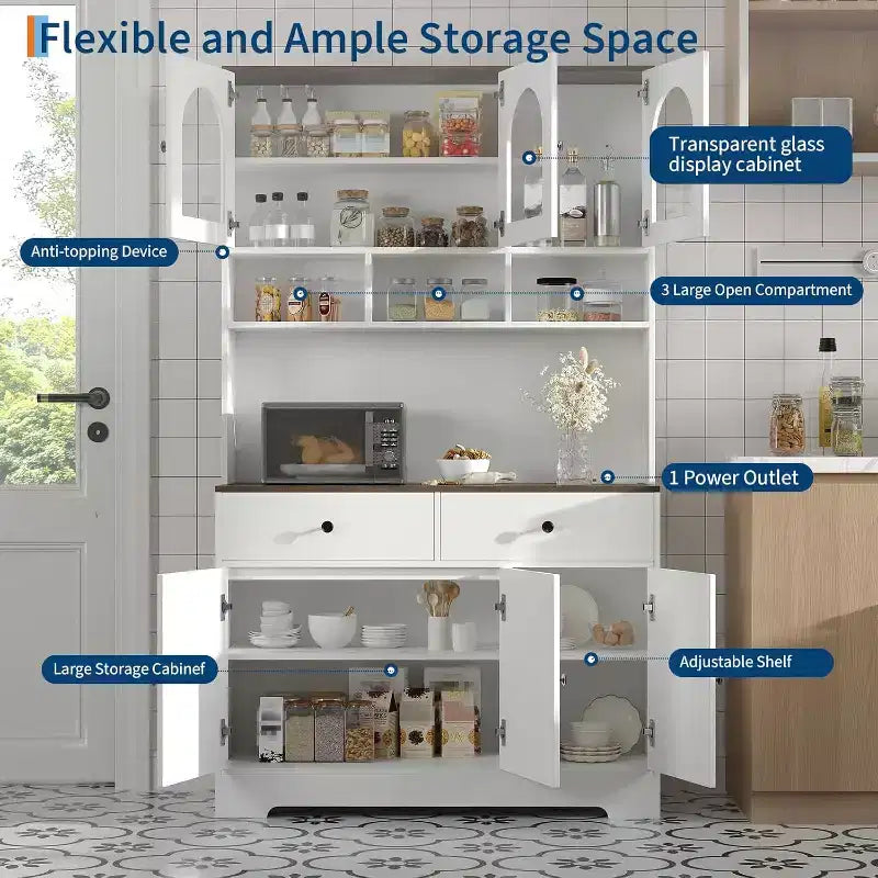 Grand meuble de rangement de cuisine avec portes en verre dépoli, étagères ouvertes et plan de travail, 41,34 L x 15,75 P x 70,87 H
