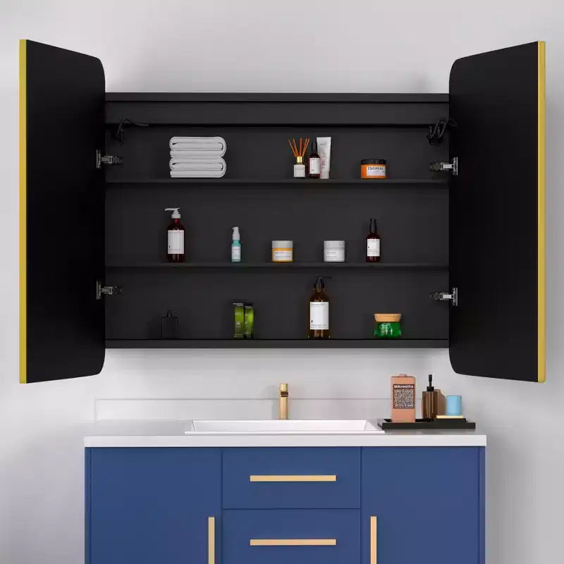 Armoire à pharmacie à LED avec miroir, antibuée, éclairage 3 couleurs, USB et prise, variateur – Montage en surface ou encastré – 24"L x 16"P
