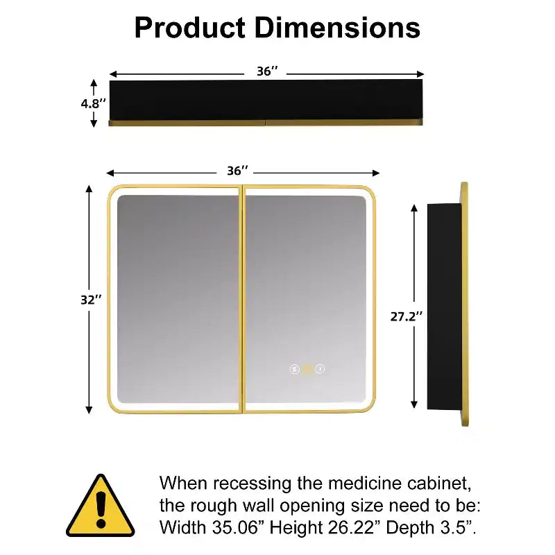 Armoire à pharmacie à LED avec miroir, antibuée, éclairage 3 couleurs, USB et prise, variateur – Montage en surface ou encastré – 24"L x 16"P