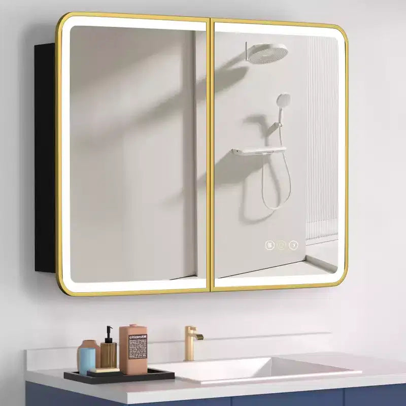 Armoire à pharmacie à LED avec miroir, antibuée, éclairage 3 couleurs, USB et prise, variateur – Montage en surface ou encastré – 24"L x 16"P