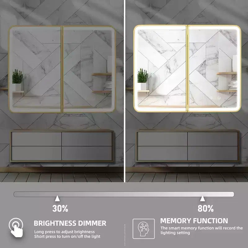 Armoire à pharmacie à LED avec miroir, antibuée, éclairage 3 couleurs, USB et prise, variateur – Montage en surface ou encastré – 24"L x 16"P