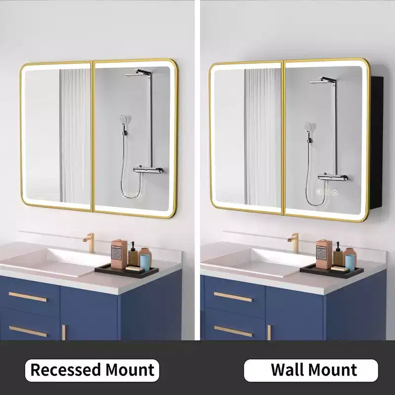 Armoire à pharmacie à LED avec miroir, antibuée, éclairage 3 couleurs, USB et prise, variateur – Montage en surface ou encastré – 24"L x 16"P