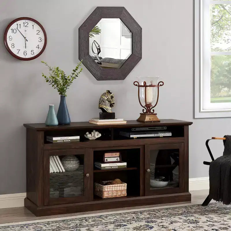 Meuble TV de 152 cm avec gestion des câbles, marron, pour téléviseurs jusqu'à 165 cm