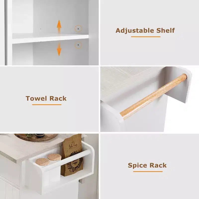 Îlot de cuisine roulant avec rangement pour poubelle, abattant, porte-épices, porte-serviettes, tiroir et étagère réglable – 89 cm H x 52 cm L x 130 cm P