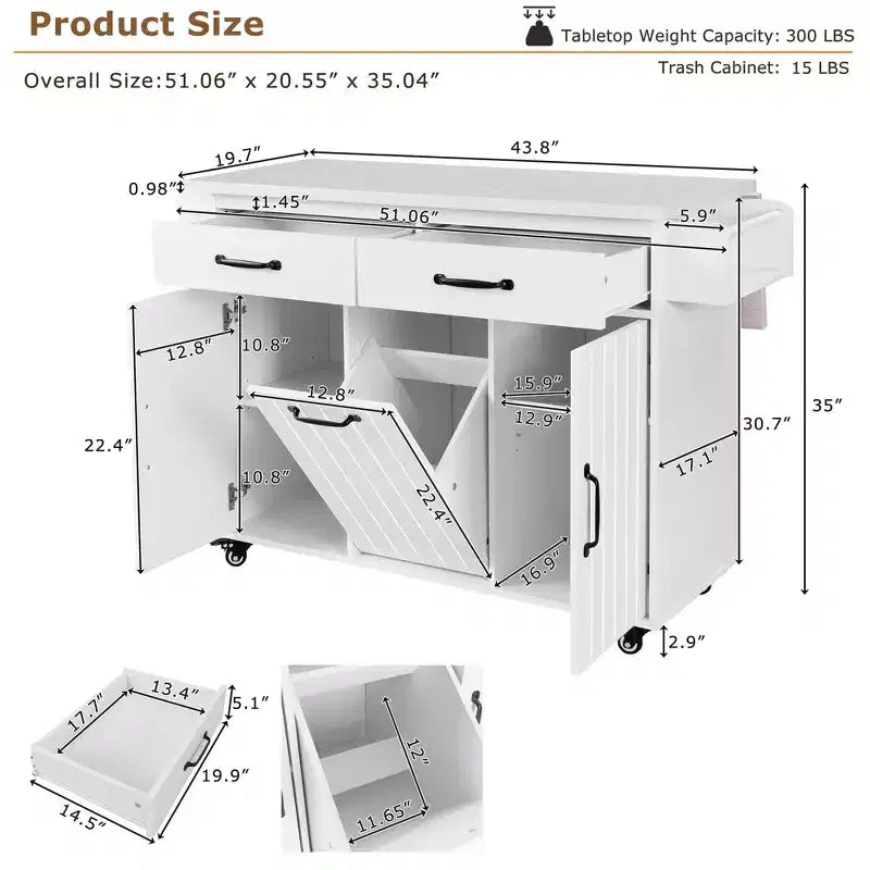 Îlot de cuisine roulant avec rangement pour poubelle, abattant, porte-épices, porte-serviettes, tiroir et étagère réglable – 89 cm H x 52 cm L x 130 cm P