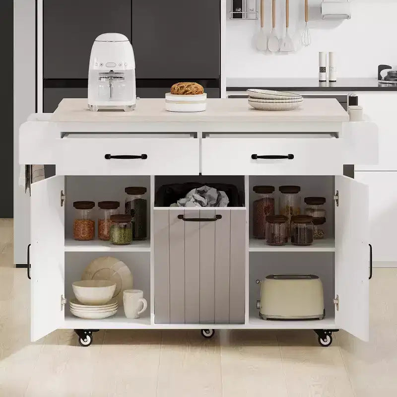 Îlot de cuisine roulant avec rangement pour poubelle, abattant, porte-épices, porte-serviettes, tiroir et étagère réglable – 89 cm H x 52 cm L x 130 cm P