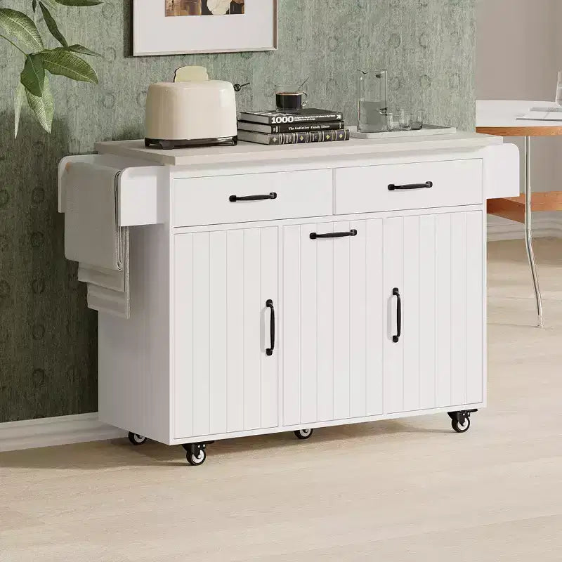 Îlot de cuisine roulant avec rangement pour poubelle, abattant, porte-épices, porte-serviettes, tiroir et étagère réglable – 89 cm H x 52 cm L x 130 cm P