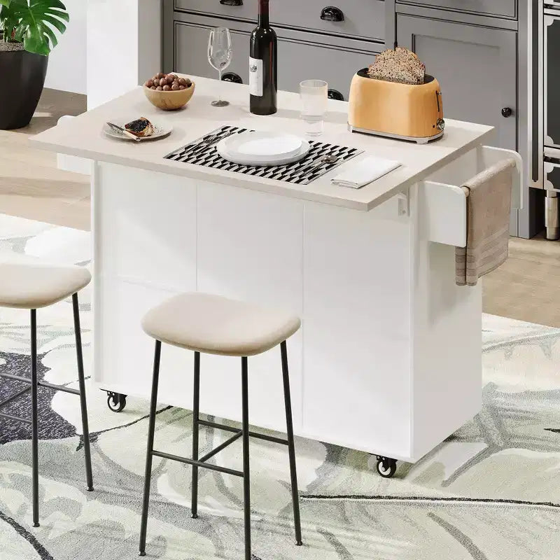 Îlot de cuisine roulant avec rangement pour poubelle, abattant, porte-épices, porte-serviettes, tiroir et étagère réglable – 89 cm H x 52 cm L x 130 cm P