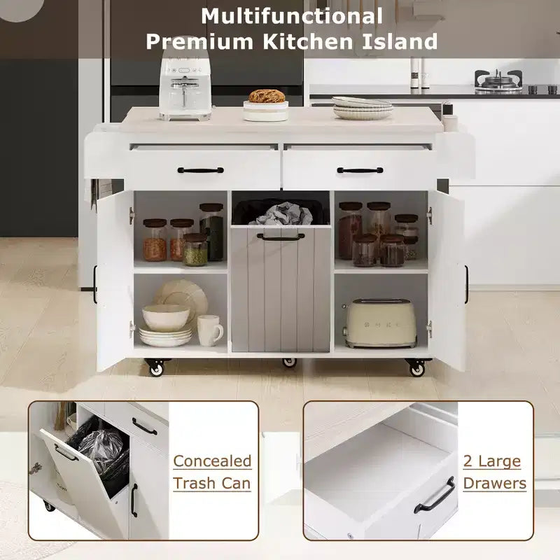 Îlot de cuisine roulant avec rangement pour poubelle, abattant, porte-épices, porte-serviettes, tiroir et étagère réglable – 89 cm H x 52 cm L x 130 cm P