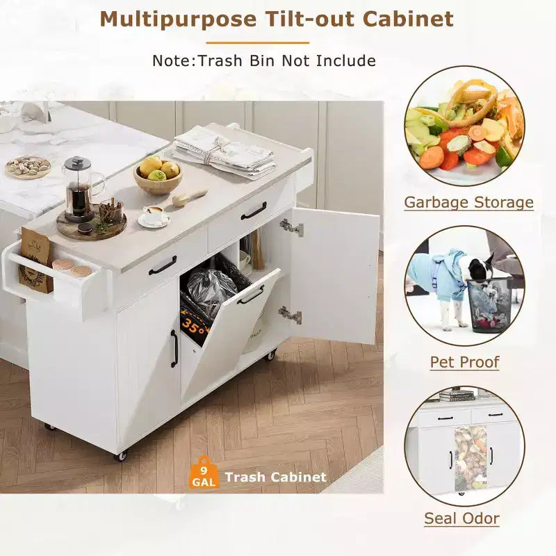 Îlot de cuisine roulant avec rangement pour poubelle, abattant, porte-épices, porte-serviettes, tiroir et étagère réglable – 89 cm H x 52 cm L x 130 cm P