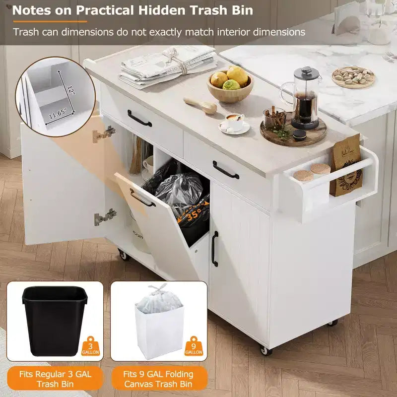 Îlot de cuisine roulant avec rangement pour poubelle, abattant, porte-épices, porte-serviettes, tiroir et étagère réglable – 89 cm H x 52 cm L x 130 cm P