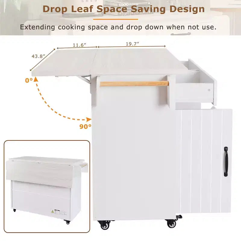 Îlot de cuisine roulant avec rangement pour poubelle, abattant, porte-épices, porte-serviettes, tiroir et étagère réglable – 89 cm H x 52 cm L x 130 cm P