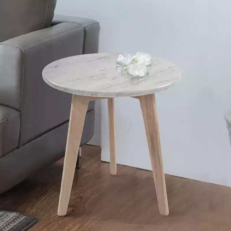 Table d'appoint ronde en marbre avec pieds en orme – 39,4 cm (H) x 39,4 cm (L), plateau en marbre blanc de Carrare