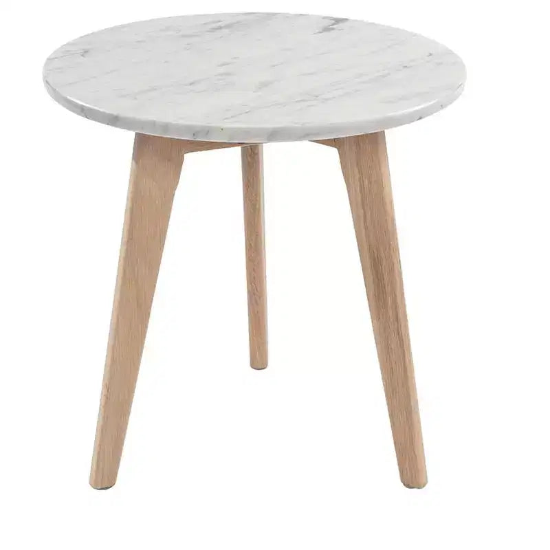 Table d'appoint ronde en marbre avec pieds en orme – 39,4 cm (H) x 39,4 cm (L), plateau en marbre blanc de Carrare