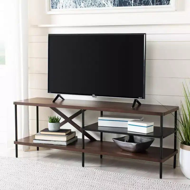 Meuble TV industriel - Noyer et noir, 140 cm, Cadre acajou brillant