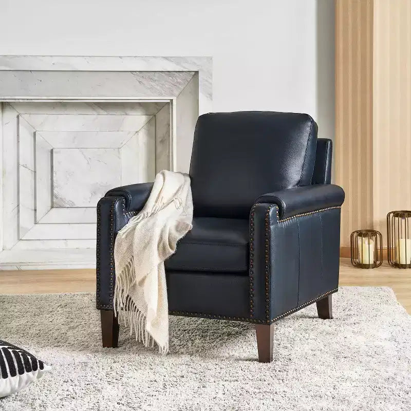 Fauteuil en cuir véritable avec coussin amovible et clous décoratifs
