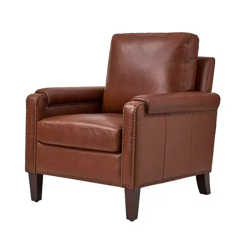 Fauteuil en cuir véritable avec coussin amovible et clous décoratifs