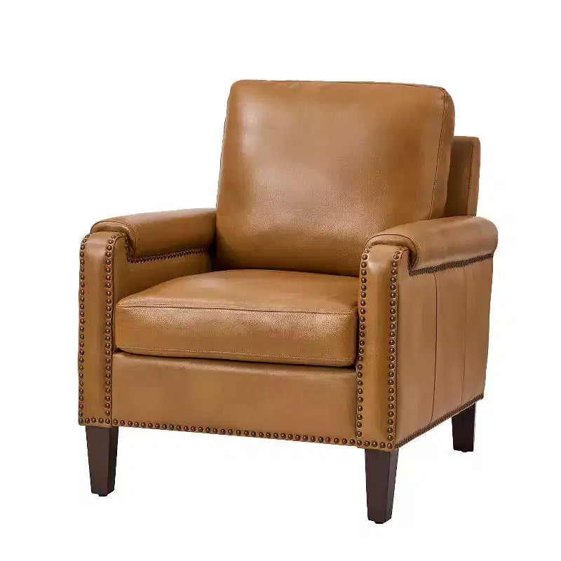 Fauteuil en cuir véritable avec coussin amovible et clous décoratifs