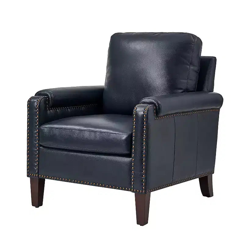 Fauteuil en cuir véritable avec coussin amovible et clous décoratifs