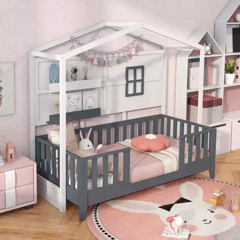 Lit Cabane Enfant Double avec Barrière, Fenêtre, Lattes en Bois et 2 Étagères de Rangement – 208 cm (L) x 105 cm (l) x 195 cm (H), Supporte 180 kg