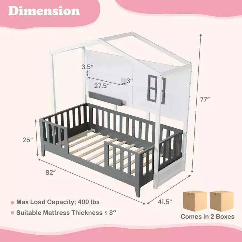Lit Cabane Enfant Double avec Barrière, Fenêtre, Lattes en Bois et 2 Étagères de Rangement – 208 cm (L) x 105 cm (l) x 195 cm (H), Supporte 180 kg