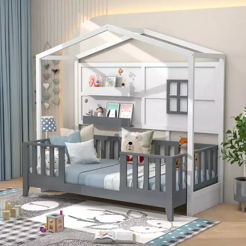 Lit Cabane Enfant Double avec Barrière, Fenêtre, Lattes en Bois et 2 Étagères de Rangement – 208 cm (L) x 105 cm (l) x 195 cm (H), Supporte 180 kg