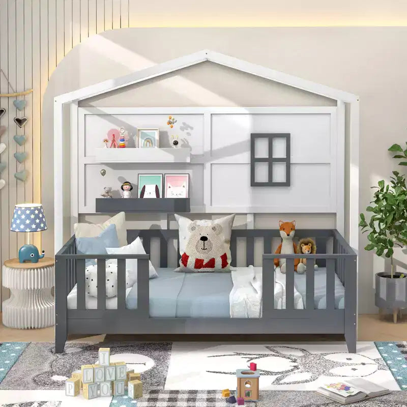 Lit Cabane Enfant Double avec Barrière, Fenêtre, Lattes en Bois et 2 Étagères de Rangement – 208 cm (L) x 105 cm (l) x 195 cm (H), Supporte 180 kg