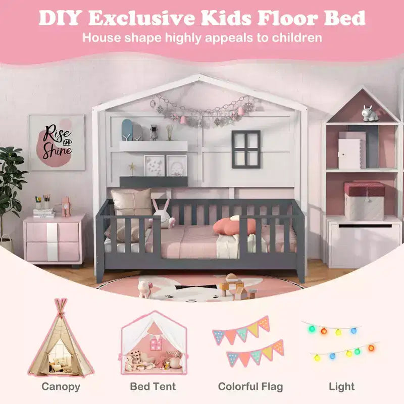 Lit Cabane Enfant Double avec Barrière, Fenêtre, Lattes en Bois et 2 Étagères de Rangement – 208 cm (L) x 105 cm (l) x 195 cm (H), Supporte 180 kg