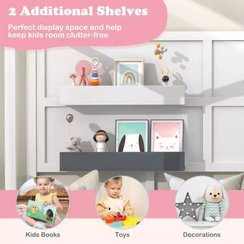 Lit Cabane Enfant Double avec Barrière, Fenêtre, Lattes en Bois et 2 Étagères de Rangement – 208 cm (L) x 105 cm (l) x 195 cm (H), Supporte 180 kg