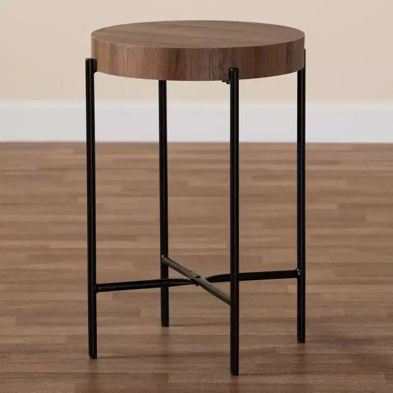 Table d'appoint ronde industrielle moderne, plateau en MDF noyer brun et cadre en métal noir – 40 cm (L) x 61 cm (H), supporte jusqu'à 23 kg