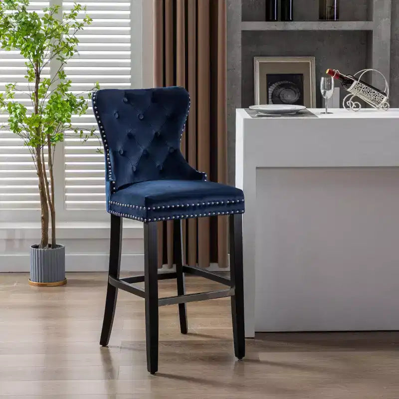 Tabouret de bar 29" en velours capitonné avec repose-pieds en métal – Bleu marine