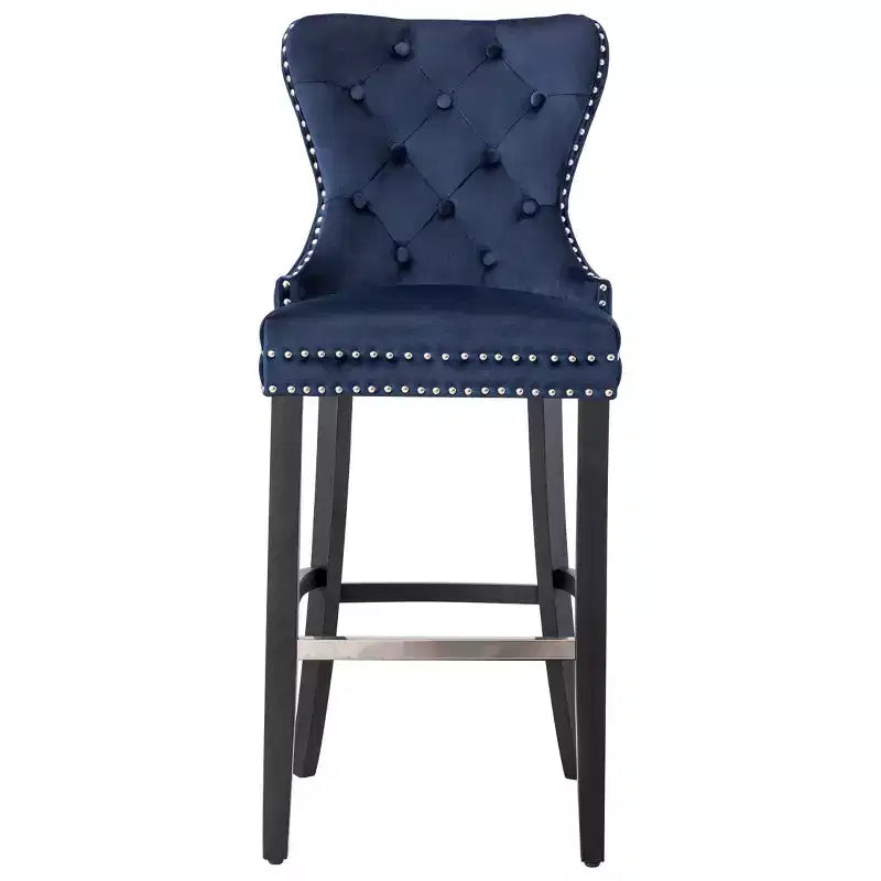 Tabouret de bar 29" en velours capitonné avec repose-pieds en métal – Bleu marine
