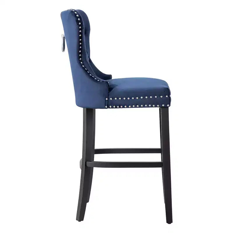 Tabouret de bar 29" en velours capitonné avec repose-pieds en métal – Bleu marine