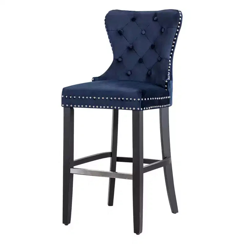 Tabouret de bar 29" en velours capitonné avec repose-pieds en métal – Bleu marine