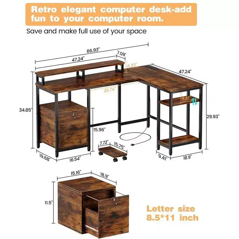 Bureau d'angle en L de 170 cm avec prise de courant – 169,9 cm L x 120,1 cm P x 88,6 cm H, Cadre métallique