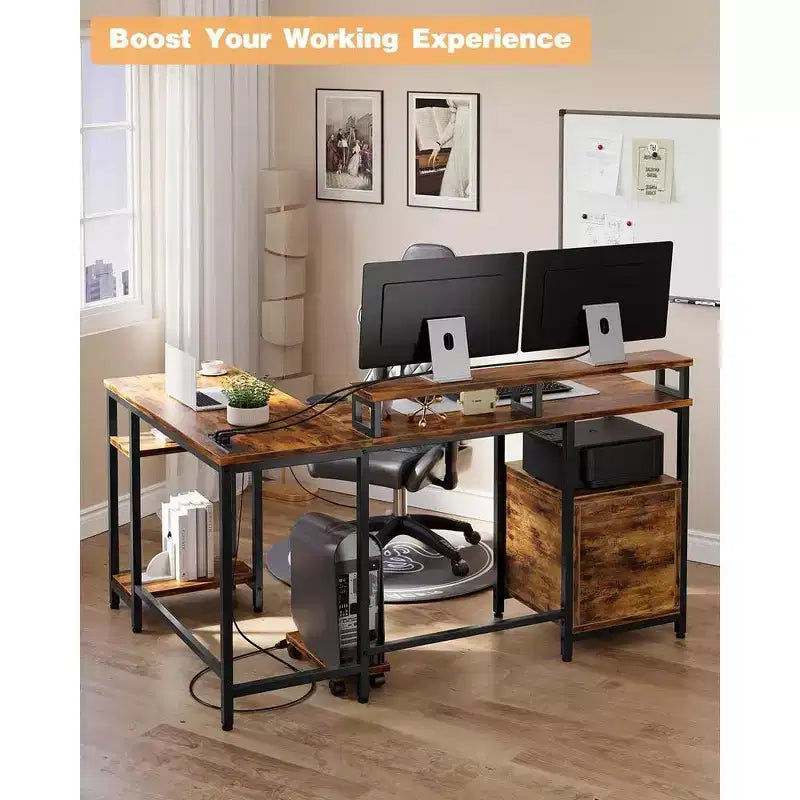 Bureau d'angle en L de 170 cm avec prise de courant – 169,9 cm L x 120,1 cm P x 88,6 cm H, Cadre métallique