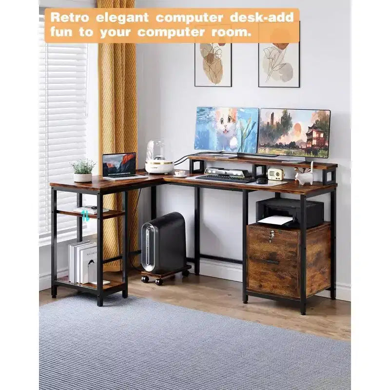 Bureau d'angle en L de 170 cm avec prise de courant – 169,9 cm L x 120,1 cm P x 88,6 cm H, Cadre métallique